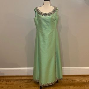 Vintage silk handmade embellished jewel trimmed maxi a line green a line
